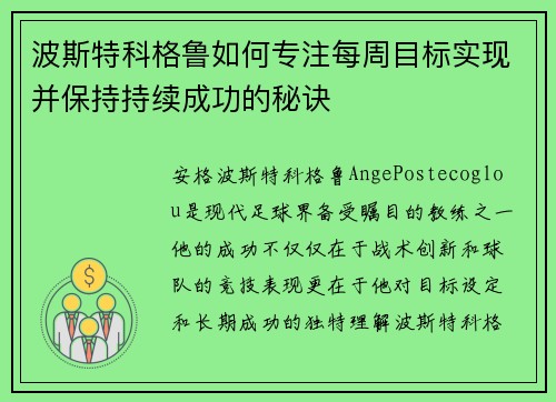 波斯特科格鲁如何专注每周目标实现并保持持续成功的秘诀 波斯特科格鲁如何专注每周目标实现并保持持续成功的秘诀