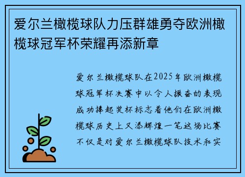 爱尔兰橄榄球队力压群雄勇夺欧洲橄榄球冠军杯荣耀再添新章 爱尔兰橄榄球队力压群雄勇夺欧洲橄榄球冠军杯荣耀再添新章